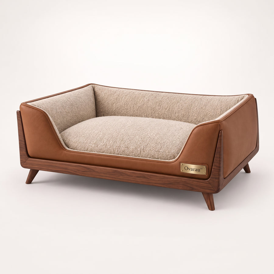 Ovarau Mid-Century Chestnut Pet Sofa with raised wooden-look frame